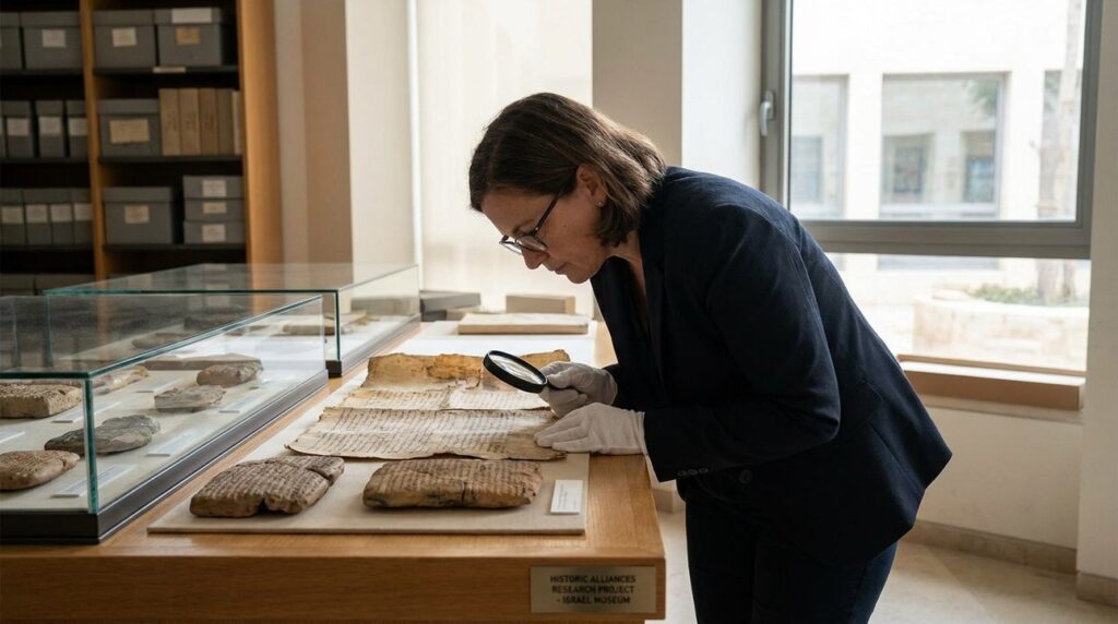 Israeli historian examines ancient scrolls in a sunlit museum.