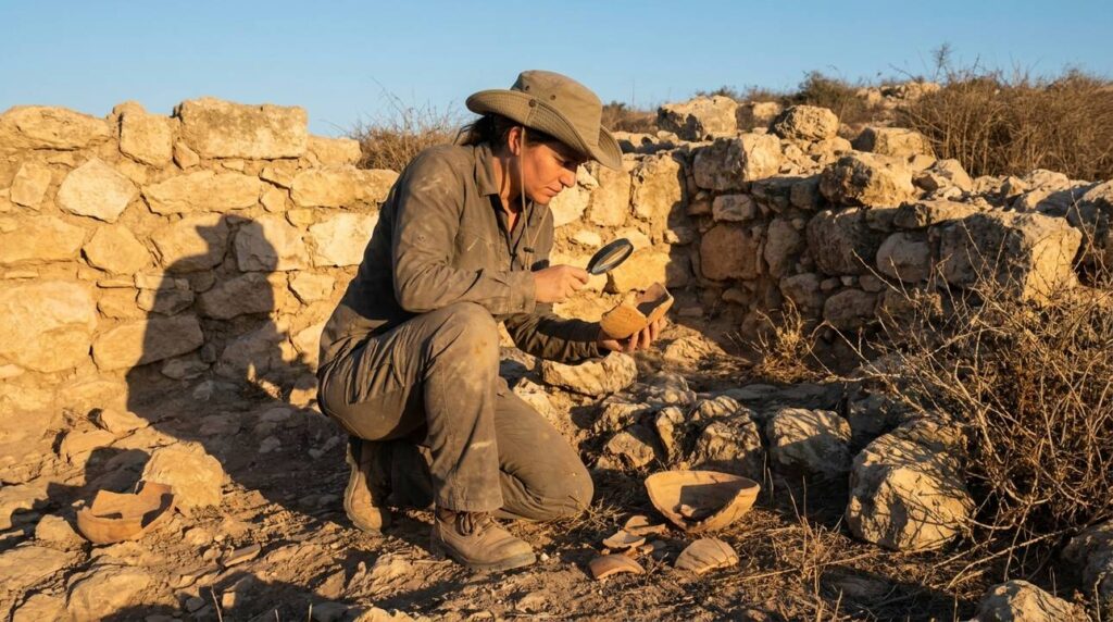 Israeli archaeologist examines ancient ruins at David and Goliath site.