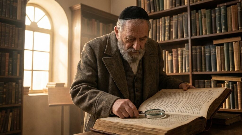 Elderly Jewish man studying ancient texts in a sunlit library.