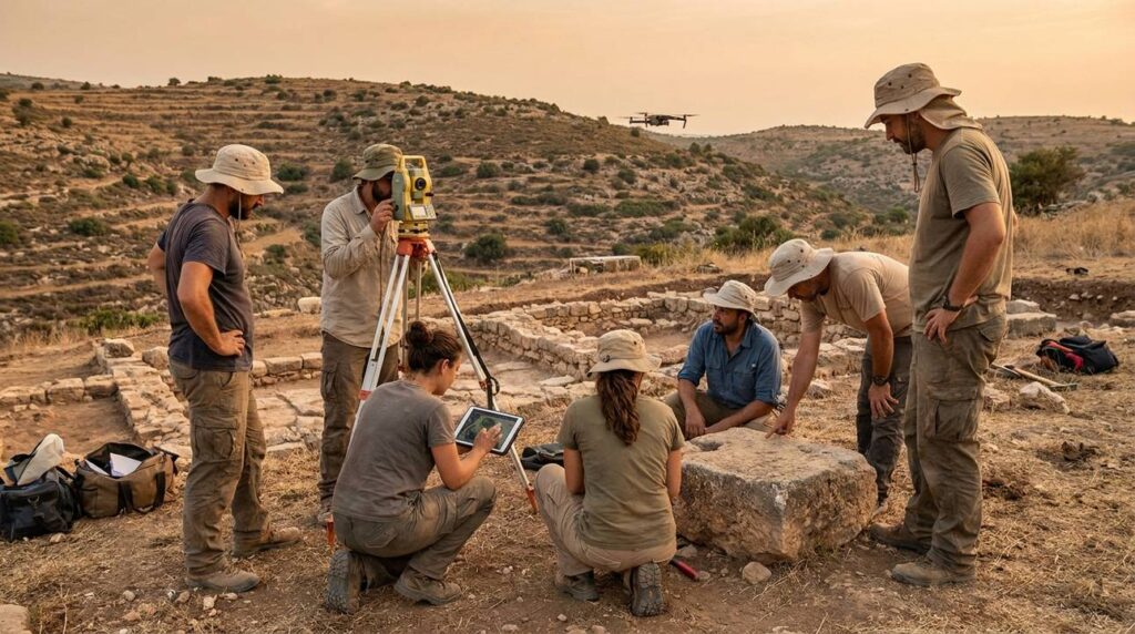Archaeologists examining ancient ruins in Ramah, Israel during late afternoon.