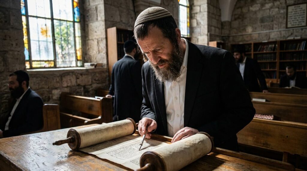 Jewish man in suit and kippah studying Torah scrolls in synagogue.