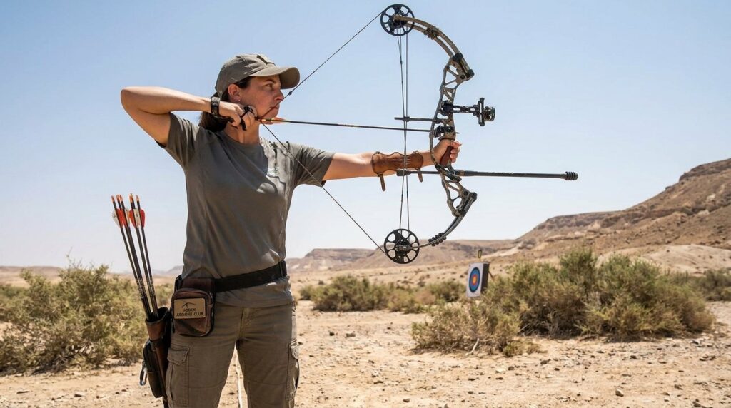 Israeli archer in sportswear aiming bow in Negev desert landscape.