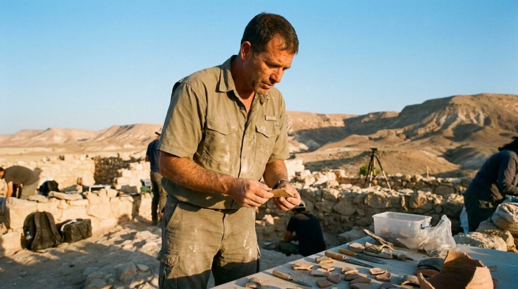 Israeli archeologist examining artifacts in Negev desert landscape.