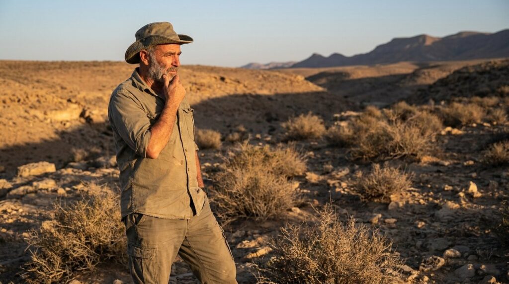 Middle-aged Israeli man standing contemplatively in Negev Desert landscape.