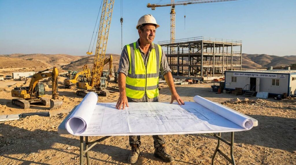 Israeli engineer examines blueprints at construction site with heavy machinery.