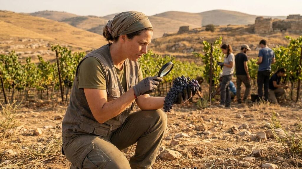 Israeli archaeologist examines grape clusters in sunlit Eshcol vineyard.