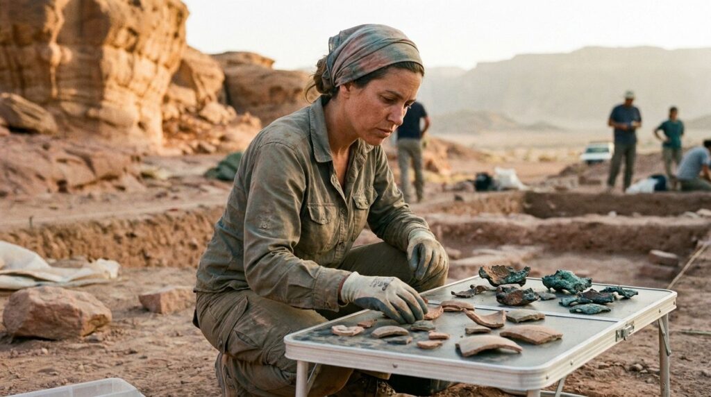 Israeli archaeologist examines ancient artifacts in Timna Valley at dusk.
