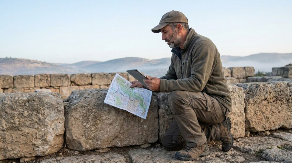 Israeli researcher examines Bethel ruins with map and tablet.