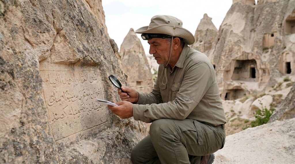 Turkish archaeologist examines ancient inscriptions in Cappadocia's rugged terrain.