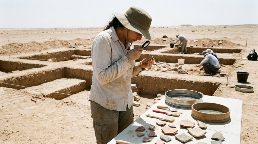Archaeologist in field attire examining pottery shards at excavation site.