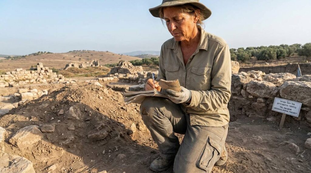 Israeli archaeologist examines pottery shards and takes notes at En Dor.