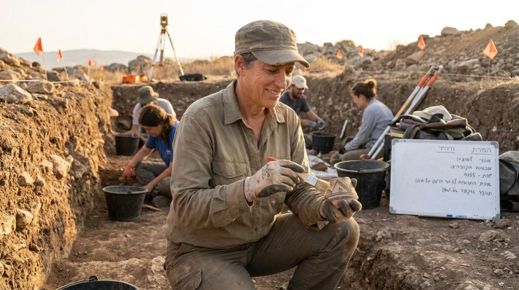 Israeli archaeologist examines pottery shards at Azel excavation site.