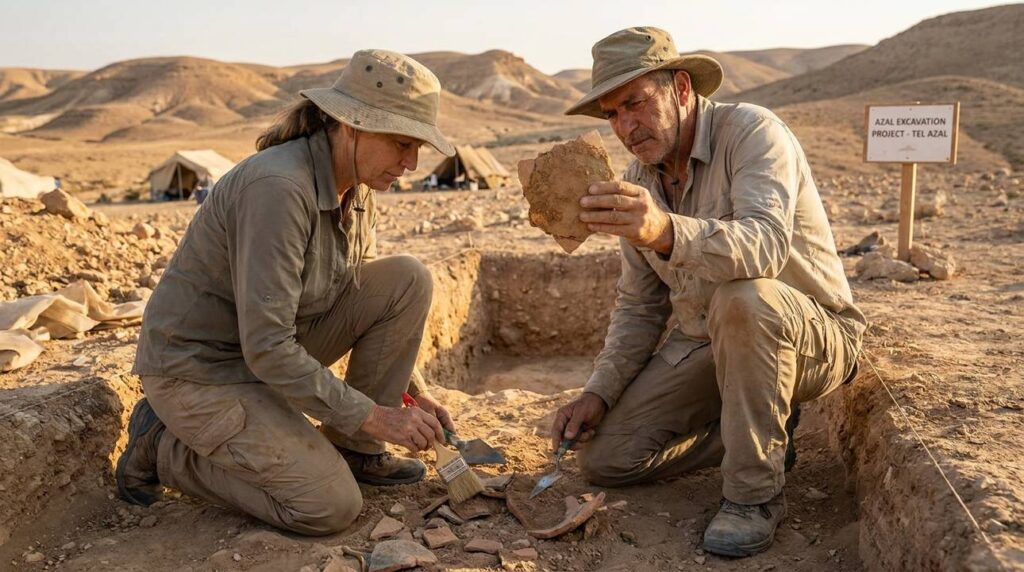 Israeli archaeologists examine pottery shards at Negev desert excavation site.