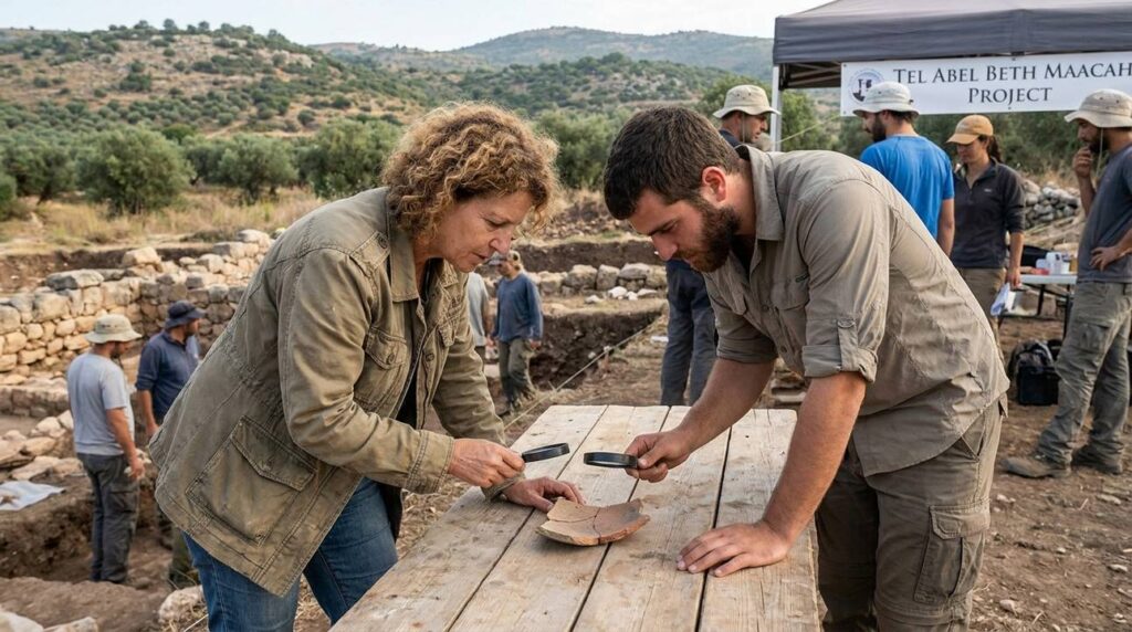 Diverse archaeologists examining artifacts near Metula in morning light.
