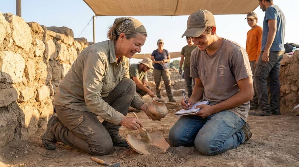 Archaeologists examining Iron Age artifacts at Tel es-Safi excavation.