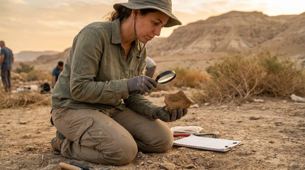 Israeli archaeologist examines artifacts at Jericho excavation site.