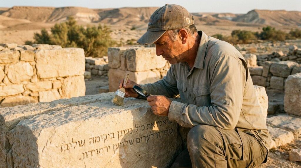Israeli archaeologist examines ancient inscriptions on stone ruins in Negev Desert.