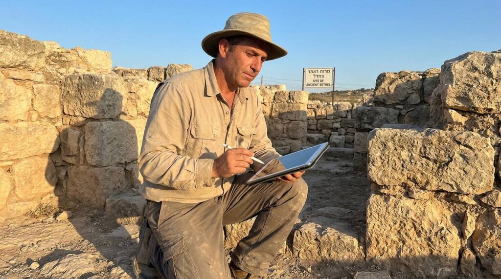 Israeli archaeologist examines ancient ruins at Bethel, using digital tablet.