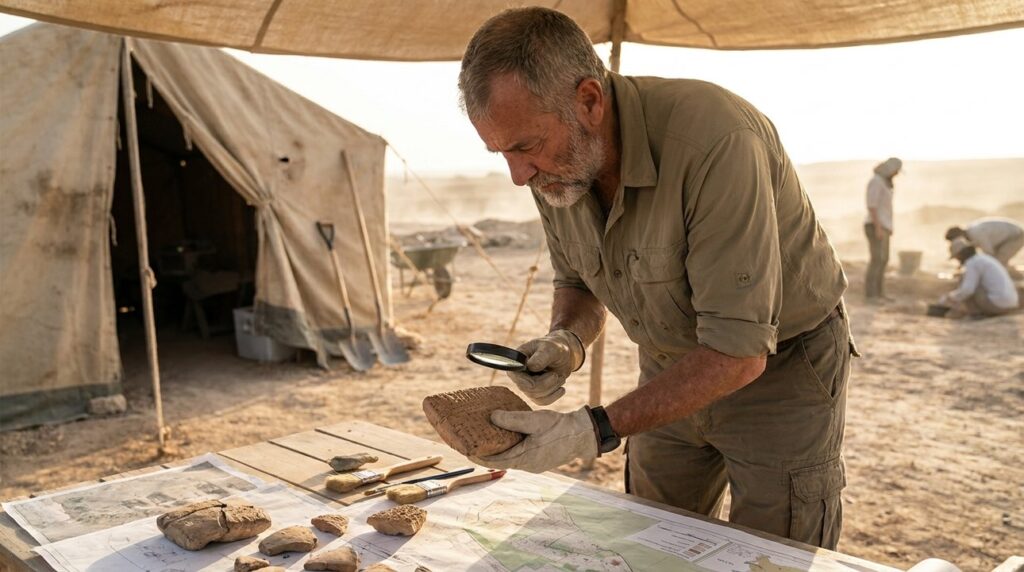 Israeli archaeologist examines Babylonian tablets, tent with tools in background.