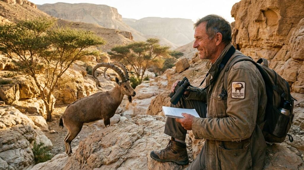 Conservationist observing Nubian ibex in rocky desert at dawn.