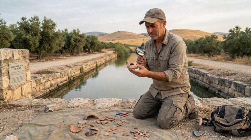 Israeli archaeologist examining artifacts by a canal in morning light.