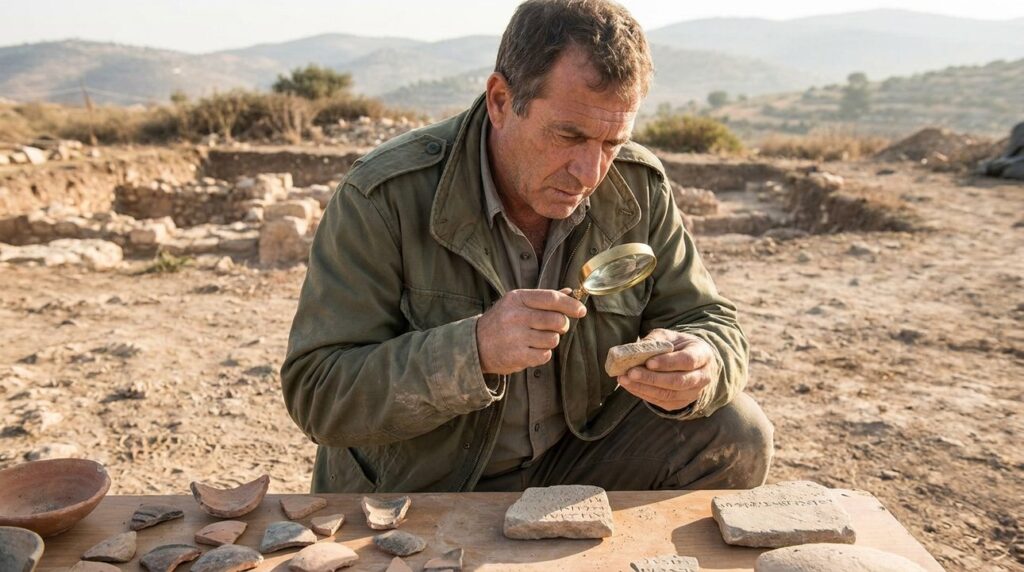 Israeli historian examines ancient inscriptions with magnifying glass at Ophrah.