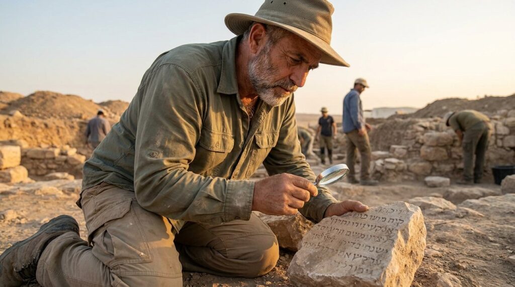 Middle-aged Israeli archaeologist examines inscriptions with magnifying glass at Ophrah.