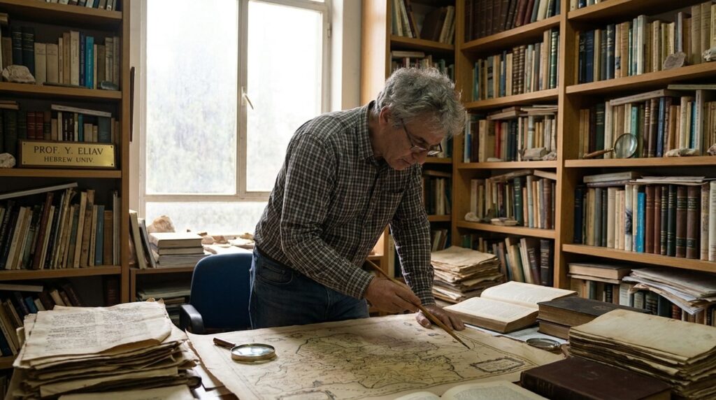 Israeli historian examines ancient maps in a cluttered, book-filled office.