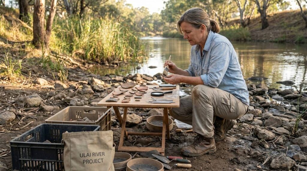 Archaeologist examines ancient artifacts by Ulai River in morning light.