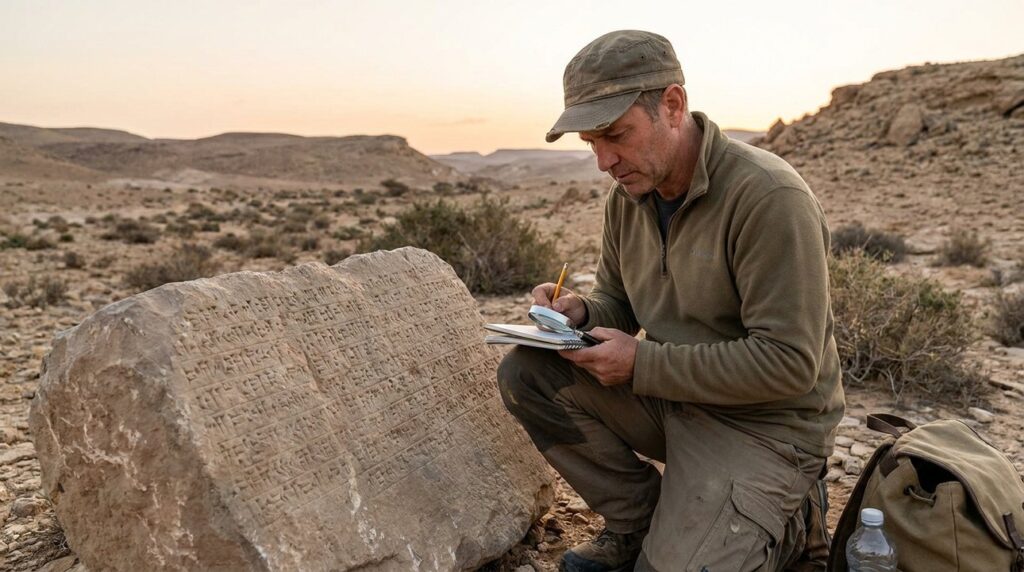 Male historian examines Assyrian inscriptions in Negev desert, Israel.