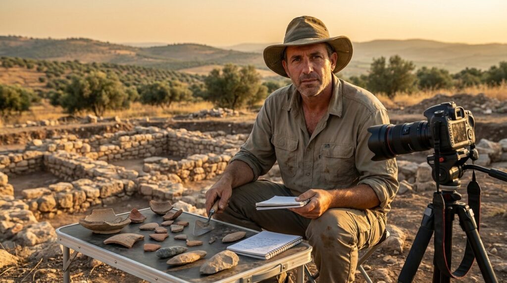 Israeli archaeologist examines artifacts at Galilee dig site.