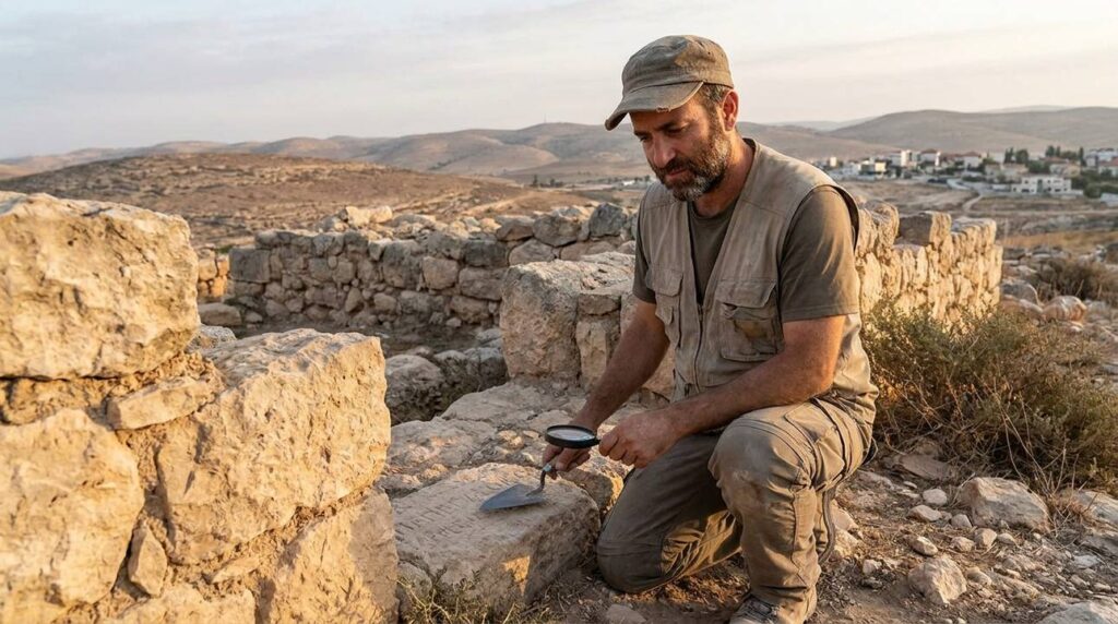 Israeli archaeologist examines ancient stone ruins in Anatot at dawn.