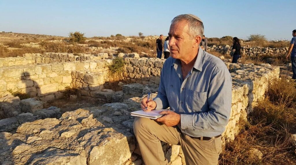 Israeli historian examines ancient ruins in Anatot with notebook.
