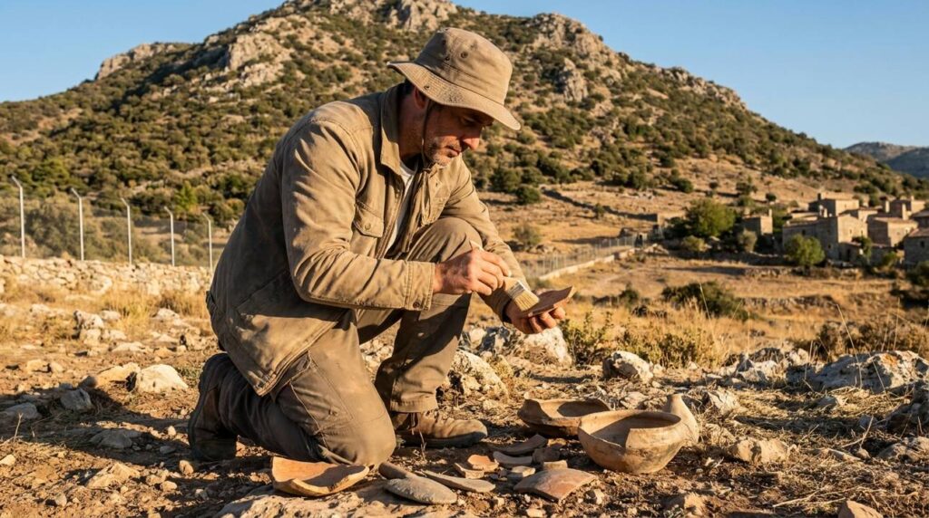 Archaeologist examining artifacts at Mount Hermon's base in late afternoon light.