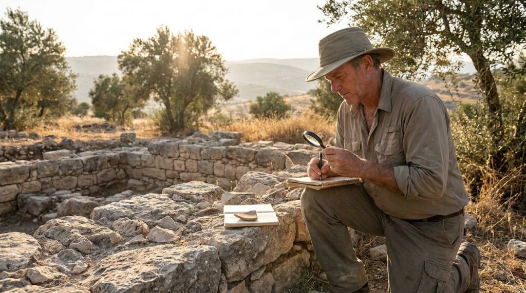 Israeli archaeologist documents ancient ruins in Gilead at sunset.
