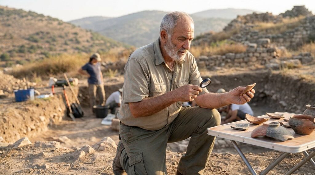 Elderly Israeli archaeologist examines pottery shards in Gilead hills.