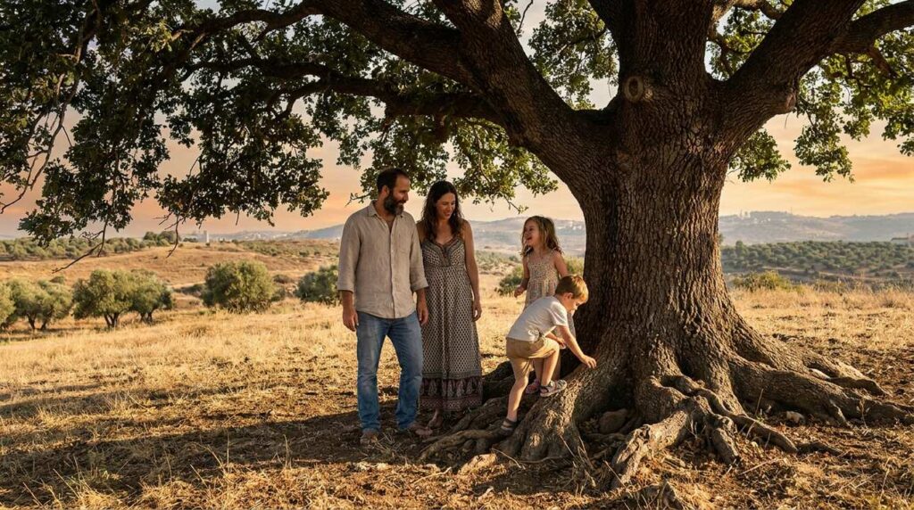 Israeli family with two children playing around an ancient oak tree.