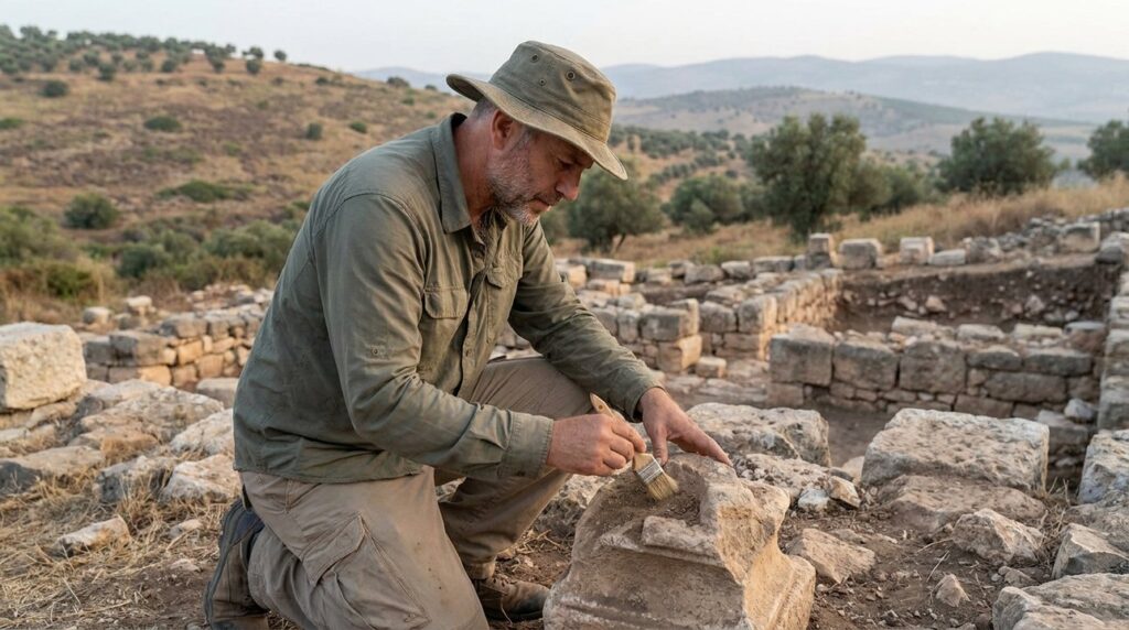 Israeli archaeologist brushes artifacts at Ramoth-Gilead ruins, hills behind.