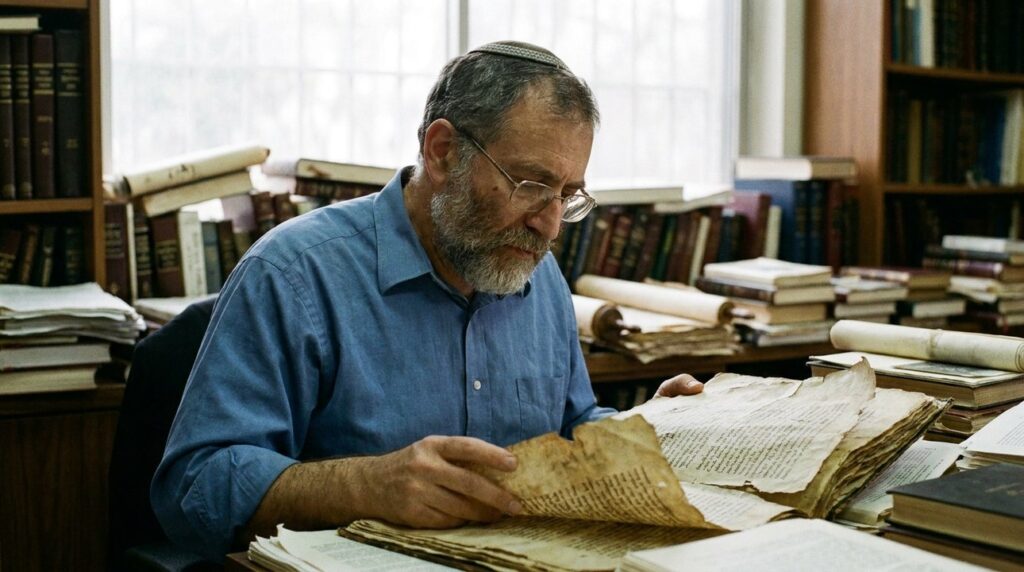 Middle-aged Jewish scholar reading ancient texts in a library.