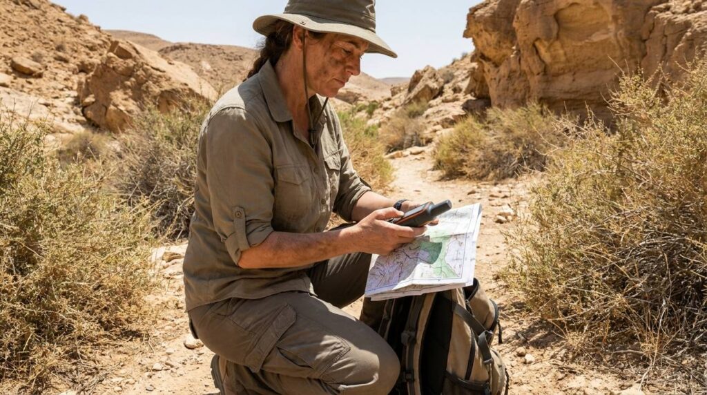 Israeli archaeologist using GPS and map in Negev desert.