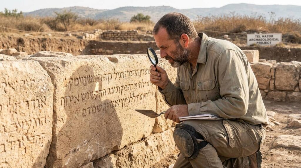 Archaeologist examining ancient inscriptions on stone ruins in Israel.