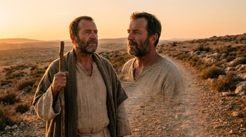 Man in biblical attire standing on path, gazing into distance.