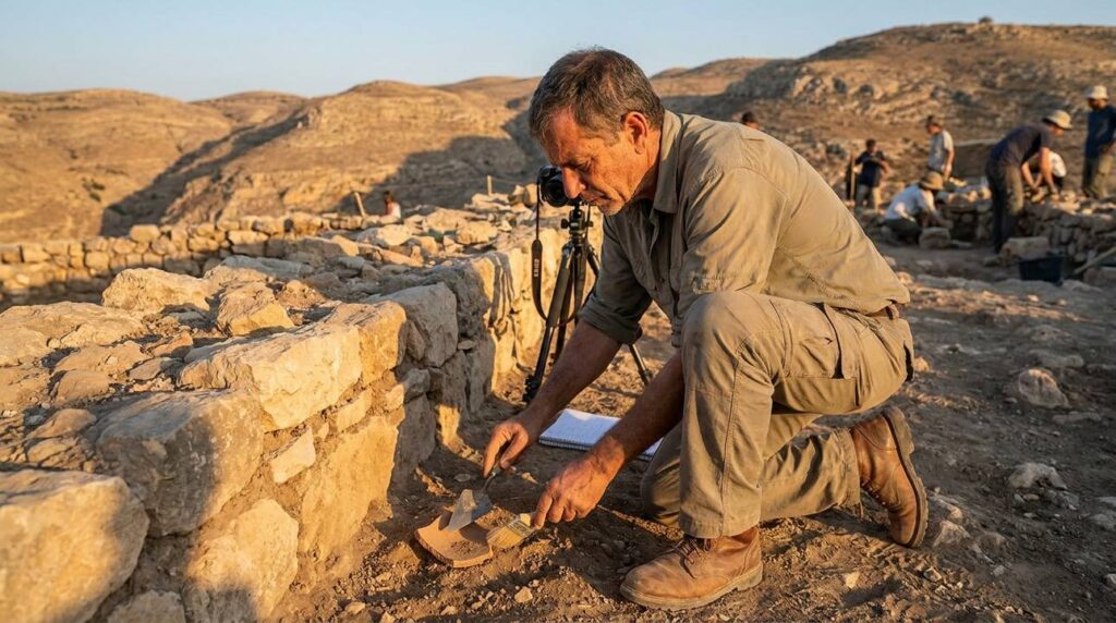 Israeli archaeologist examines ancient ruins at Penuel in evening light.