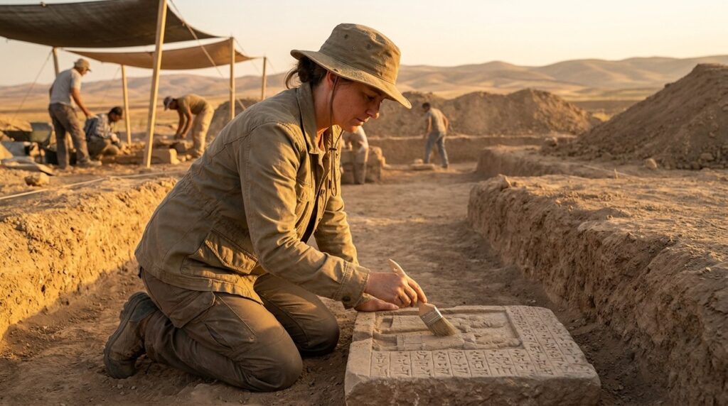 Archaeologist excavates Assyrian artifact at sunset-lit dig site.