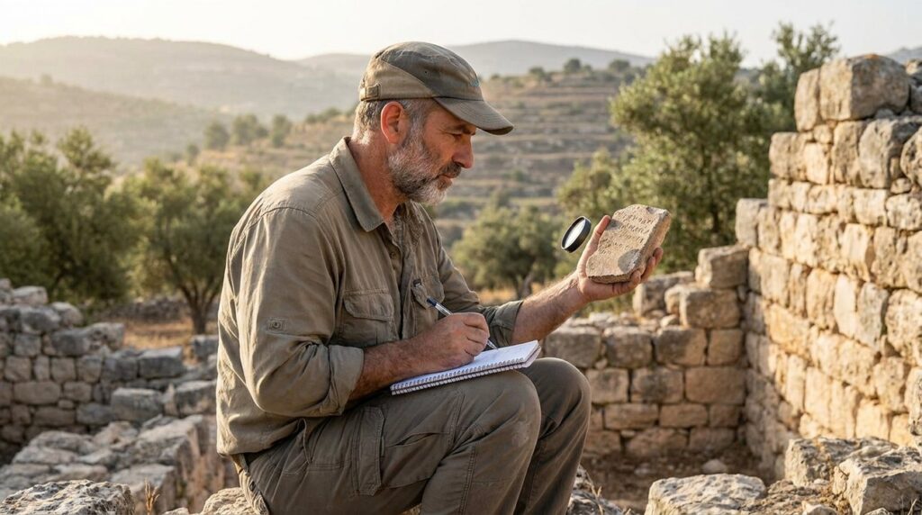 Israeli historian examines ancient artifact at Ophrah ruins, holding notebook.