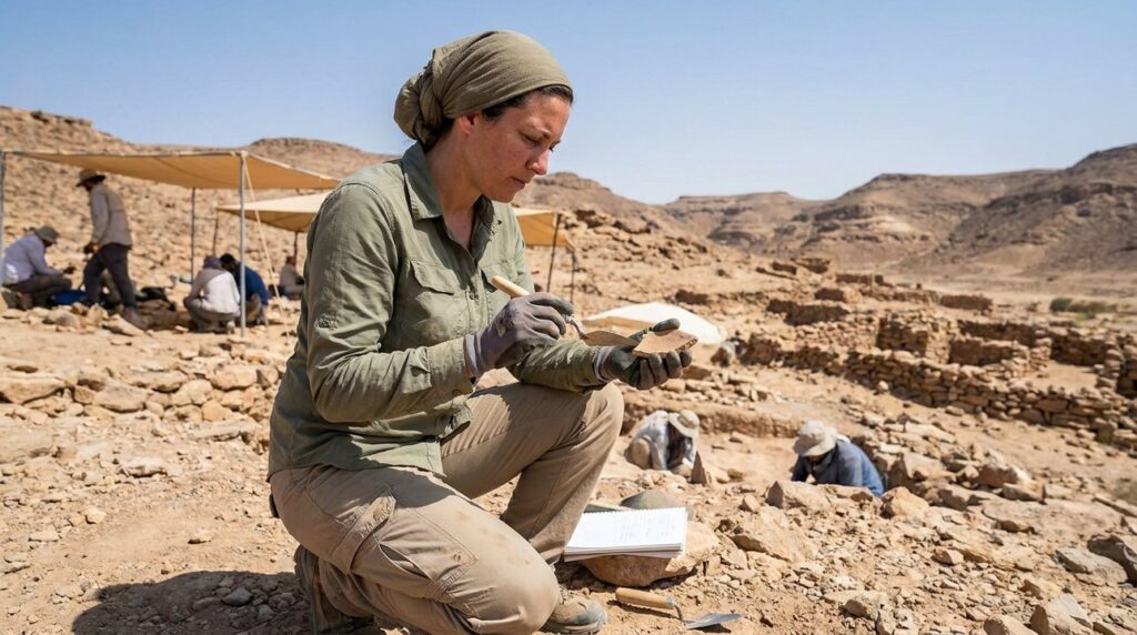 Archaeologist in field attire examining pottery shards at desert excavation site.