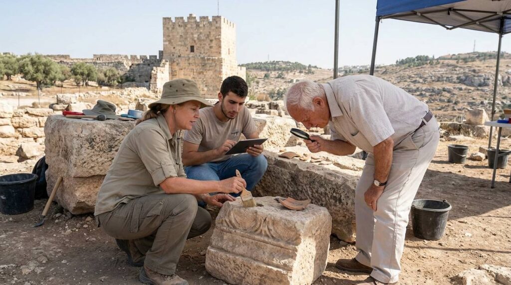 Archaeologists examining ancient stones near Jerusalem's historical tower.