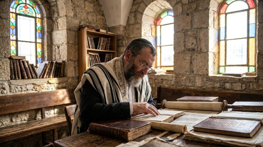 Middle-aged Jewish man studies texts in Jerusalem synagogue.