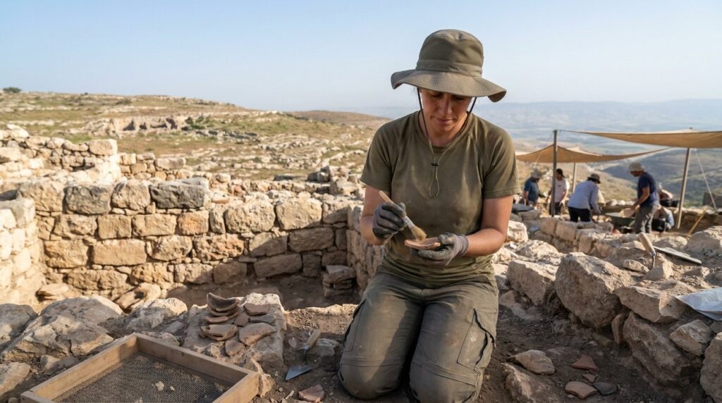 Archaeologist examines artifacts at ancient site in Israel.