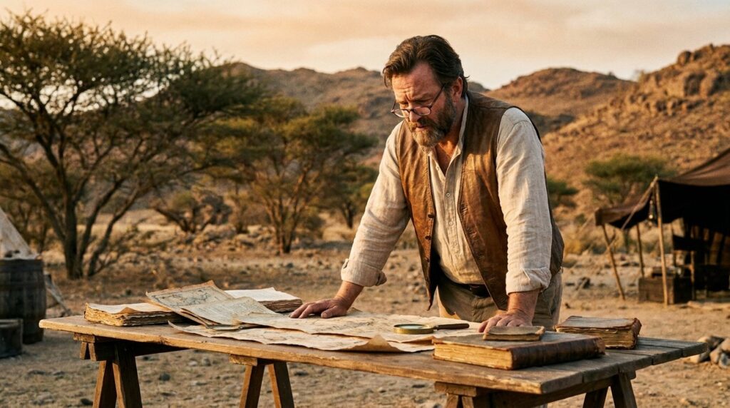 Israeli historian examines ancient maps outdoors in Shittim region.